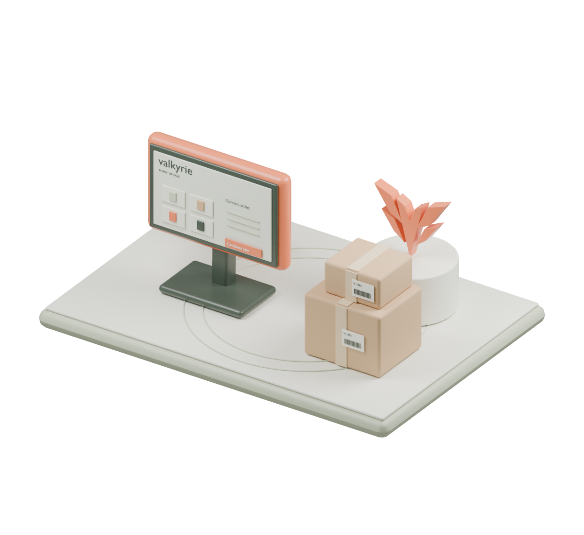 A sculpted inventory workspace with products, shelving, and connected retail operations